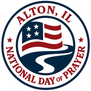 Alton, IL National Day of Prayer Logo Circle with text and Flag with Riverbend in center