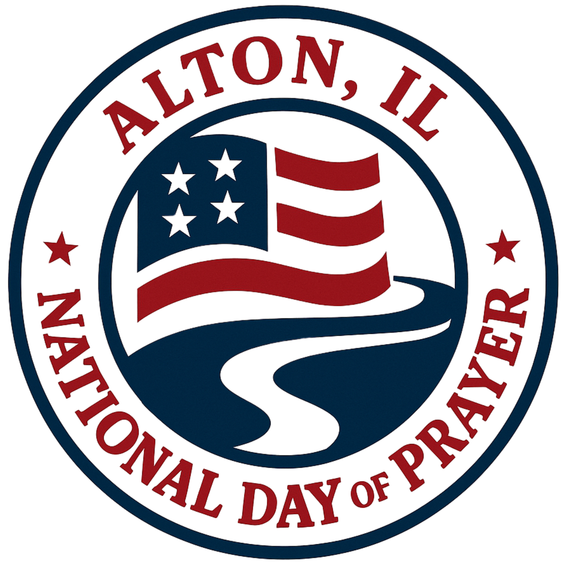 Alton, IL National Day of Prayer Logo Circle with text and Flag with Riverbend in center