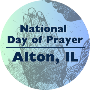 National Day of Prayer Alton, IL Logo with blue green field and sketch of hands folded in prayer.